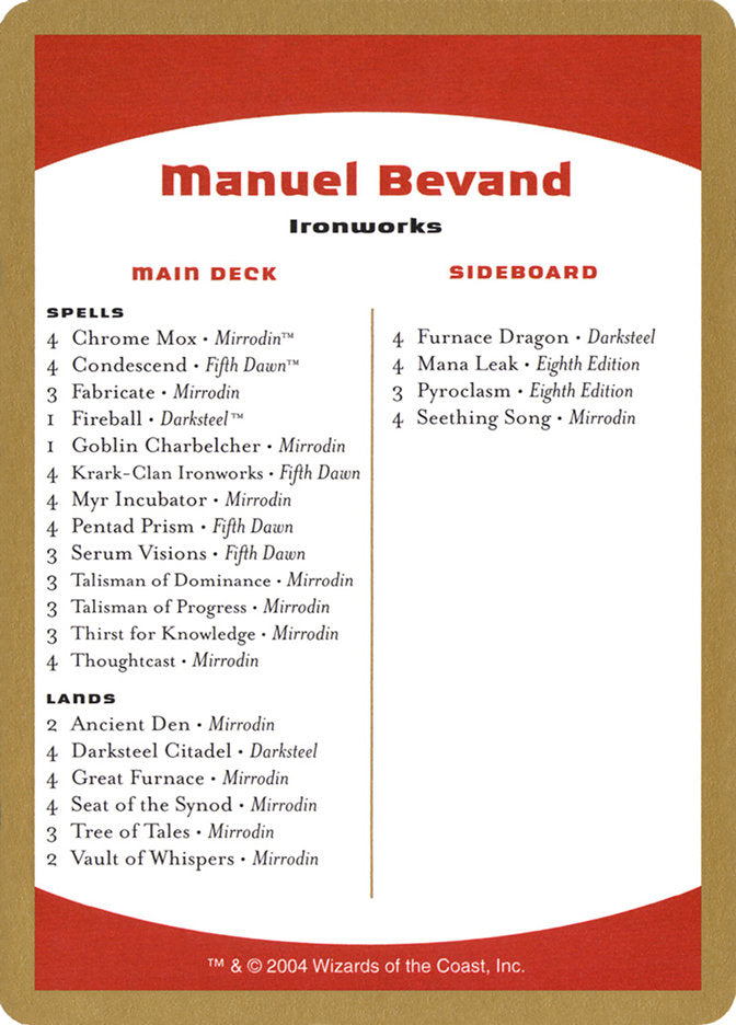 Manuel Bevand Decklist [World Championship Decks 2004] | Cracking-Singles