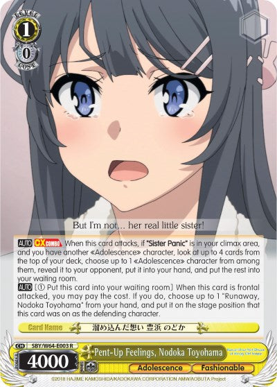 Pent-Up Feelings, Nodoka Toyohama (SBY/W64-E003 R) [Rascal Does Not Dream of Bunny Girl Senpai] | Cracking-Singles