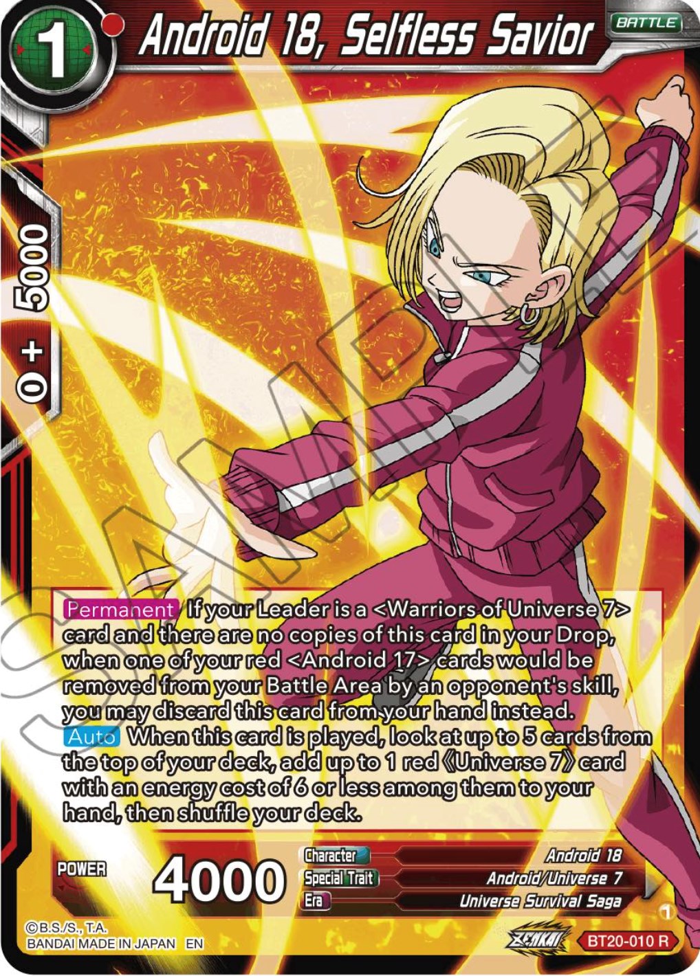 Android 18, Selfless Savior (BT20-010) [Power Absorbed] | Cracking-Singles