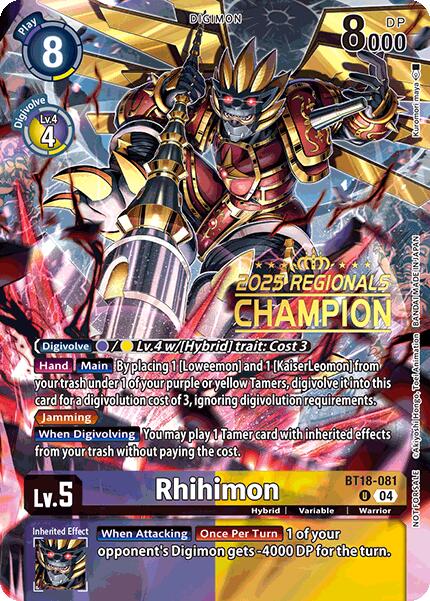 Rhihimon [BT18-081] (2025 Regionals Champion) [Release Special Booster Ver.2.0 Promos] | Cracking-Singles
