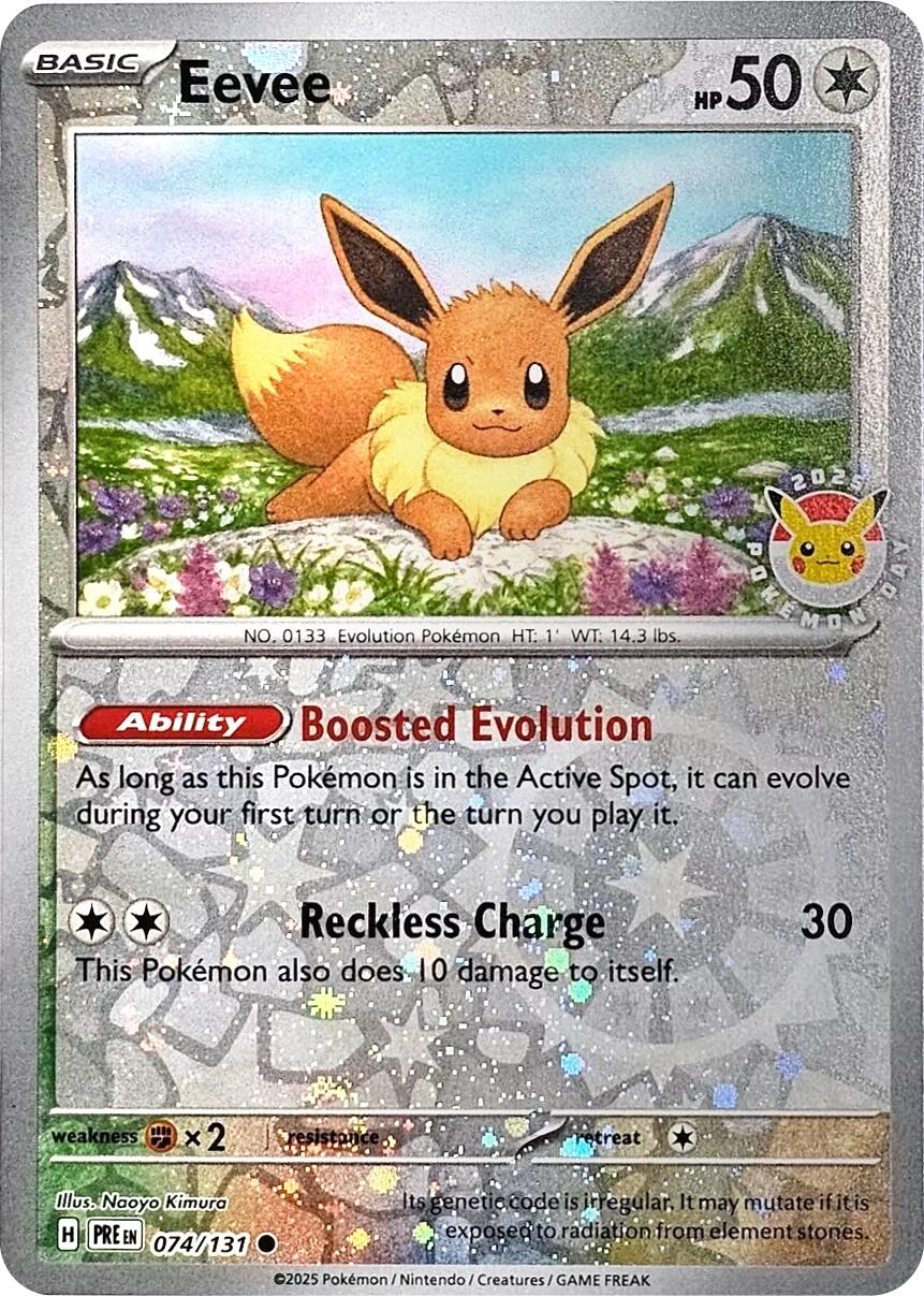Eevee (074/131) (Pokemon Day 2025) (Reverse Cosmos Holo) [Scarlet & Violet: Prismatic Evolutions] | Cracking-Singles