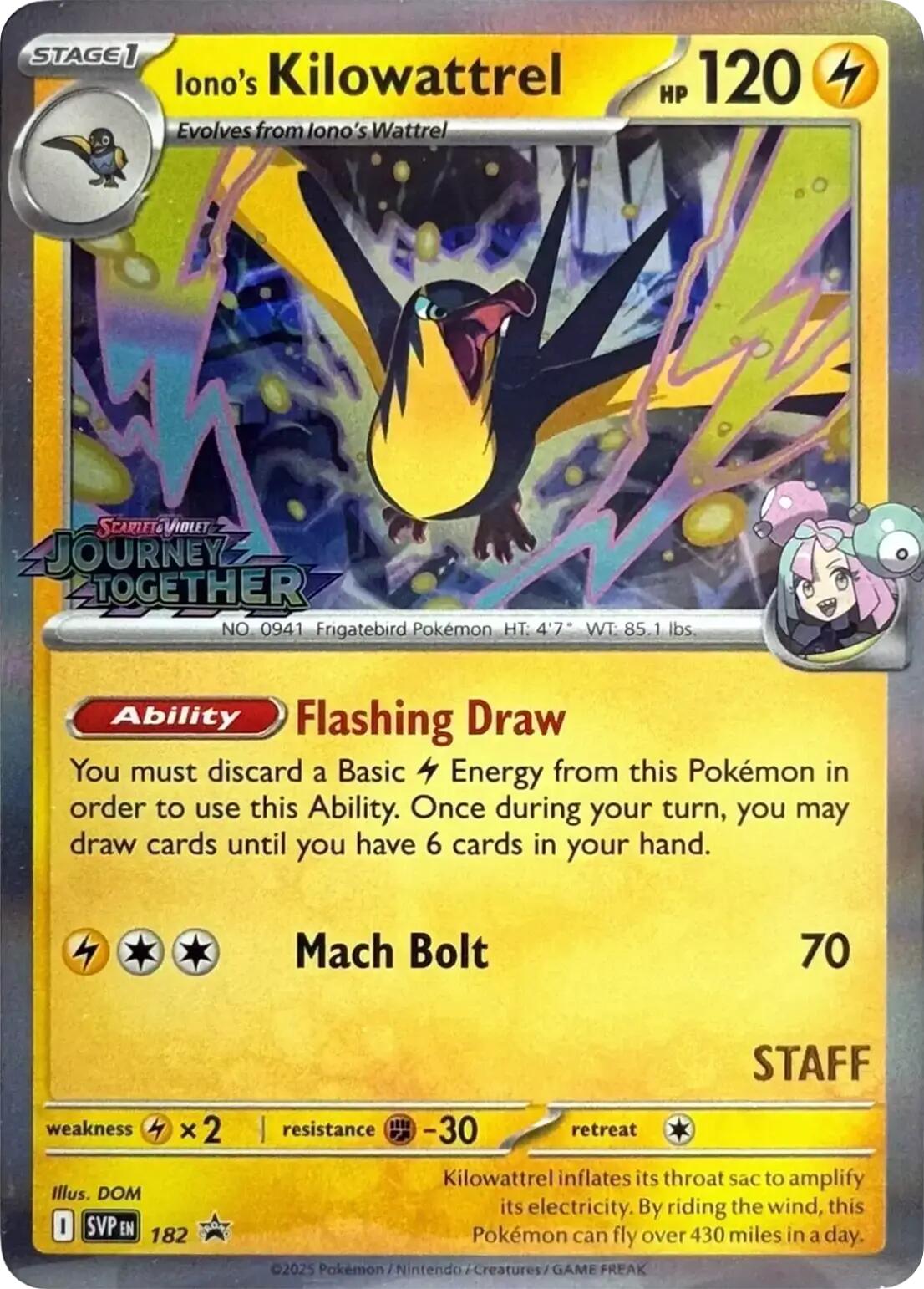 Iono's Kilowattrel (182) (Prerelease Staff) [Scarlet & Violet: Black Star Promos] | Cracking-Singles