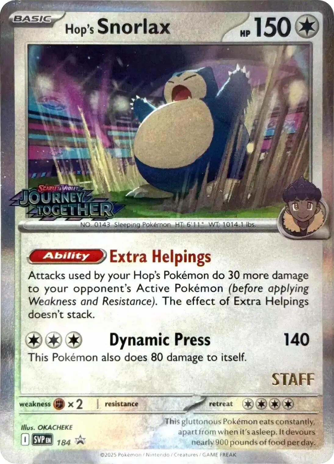 Hop's Snorlax (184) (Prerelease Staff) [Scarlet & Violet: Black Star Promos] | Cracking-Singles