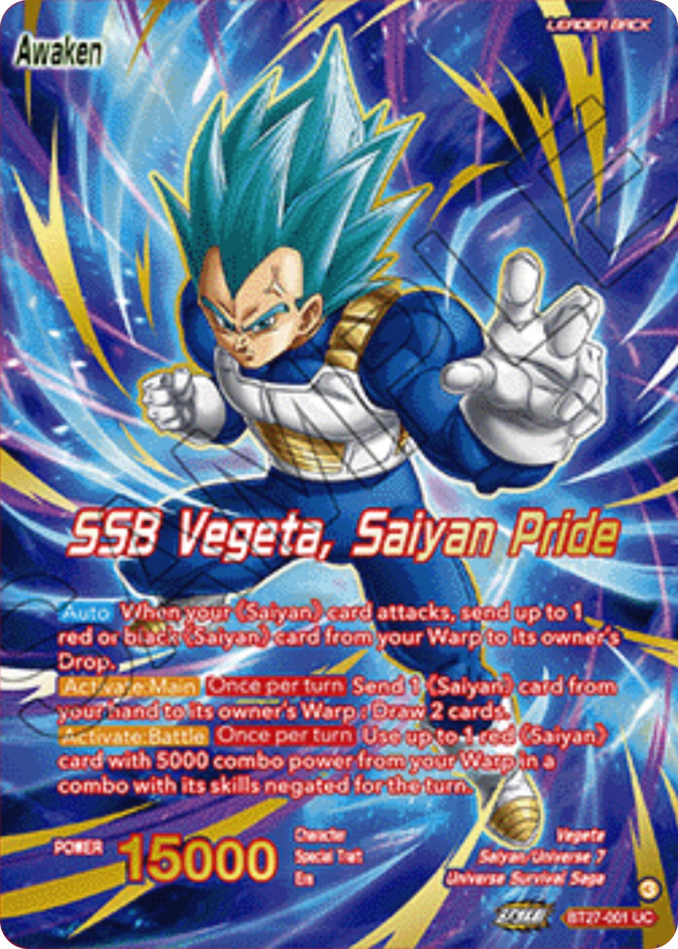 Vegeta // SSB Vegeta, Saiyan Pride (Championship 2025 Finals Alternate Art Leader Card) (BT27-001) [Tournament Promotion Cards] | Cracking-Singles