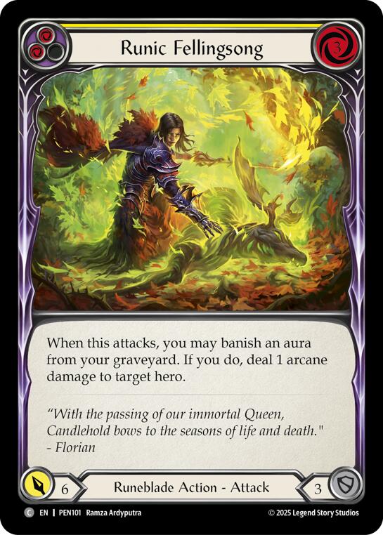 Runic Fellingsong (Yellow) (Rainbow Foil) [PEN101] (Compendium of Rathe)  Rainbow Foil | Cracking-Singles
