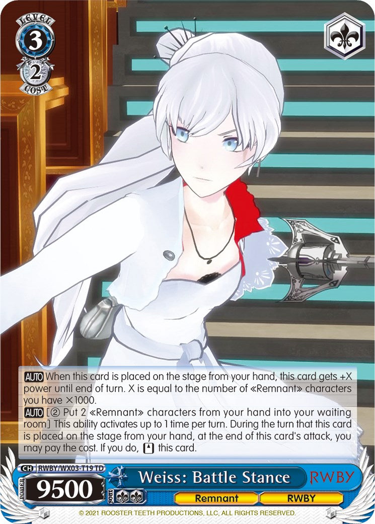 Weiss: Battle Stance (RWBY/WX03-T19 TD) [RWBY] | Cracking-Singles