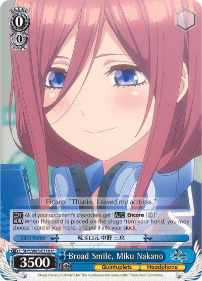 Broad Smile, Miku Nakano (5HY/W83-E118 U) [The Quintessential Quintuplets] | Cracking-Singles