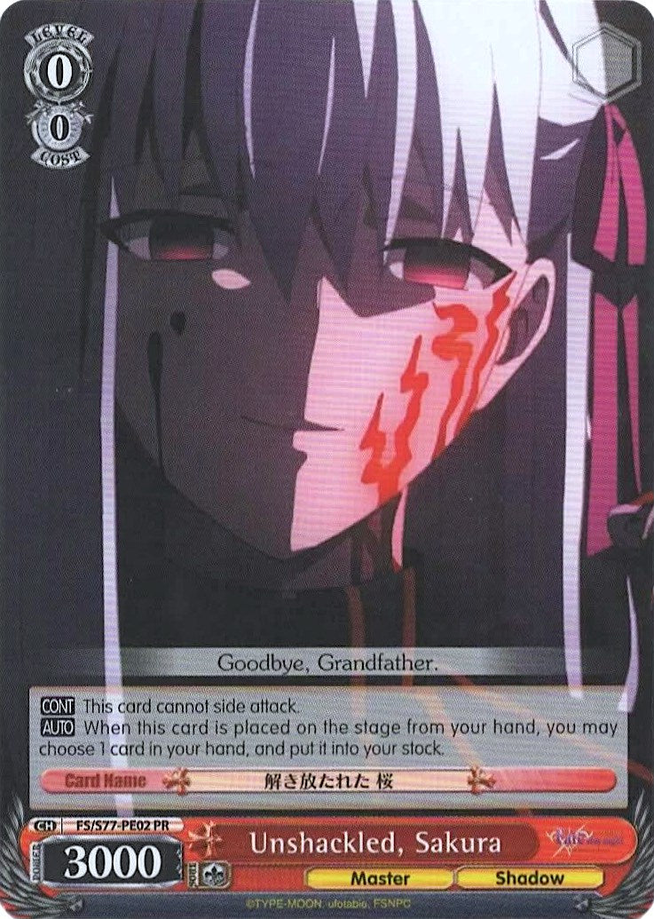 Unshackled, Sakura (FS/S77-PE02 PR) (Promo) [Fate/Stay Night [Heaven's Feel] Vol.2] | Cracking-Singles
