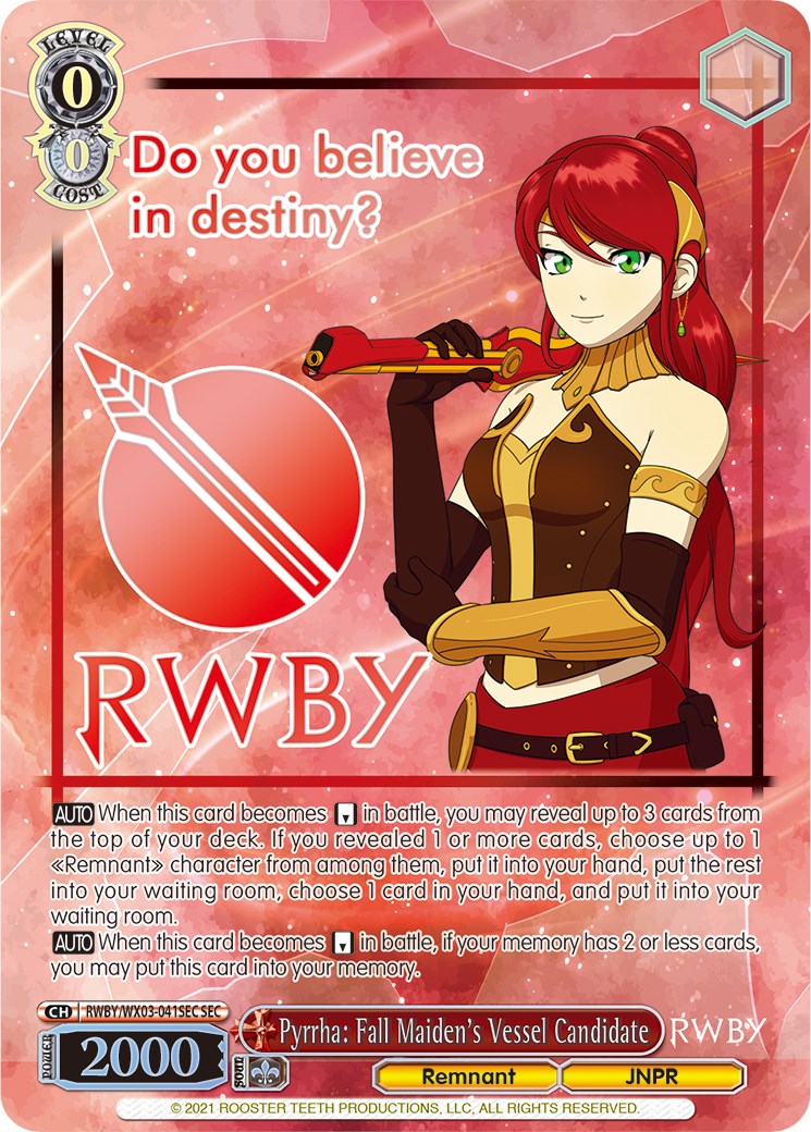 Pyrrha: Fall Maiden's Vessel Candidate (RWBY/WX03-041SEC SEC) [RWBY] | Cracking-Singles