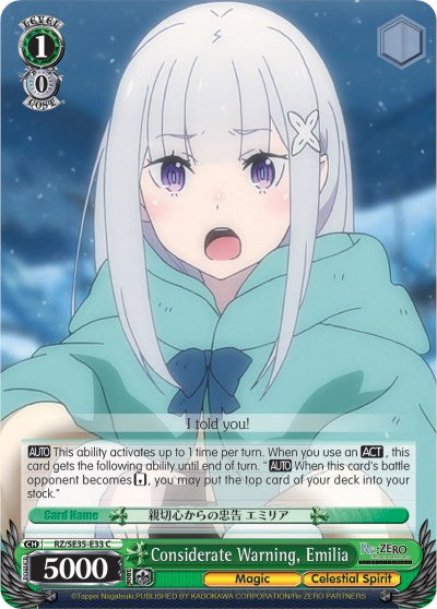 Considerate Warning, Emilia (RZ/SE35-E33 C) (Parallel Foil) [Re:ZERO: The Frozen Bond] | Cracking-Singles