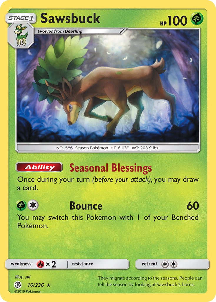 Sawsbuck (16/236) (Prerelease Kit Exclusive) (Theme Deck Exclusive) [Sun & Moon: Cosmic Eclipse] | Cracking-Singles